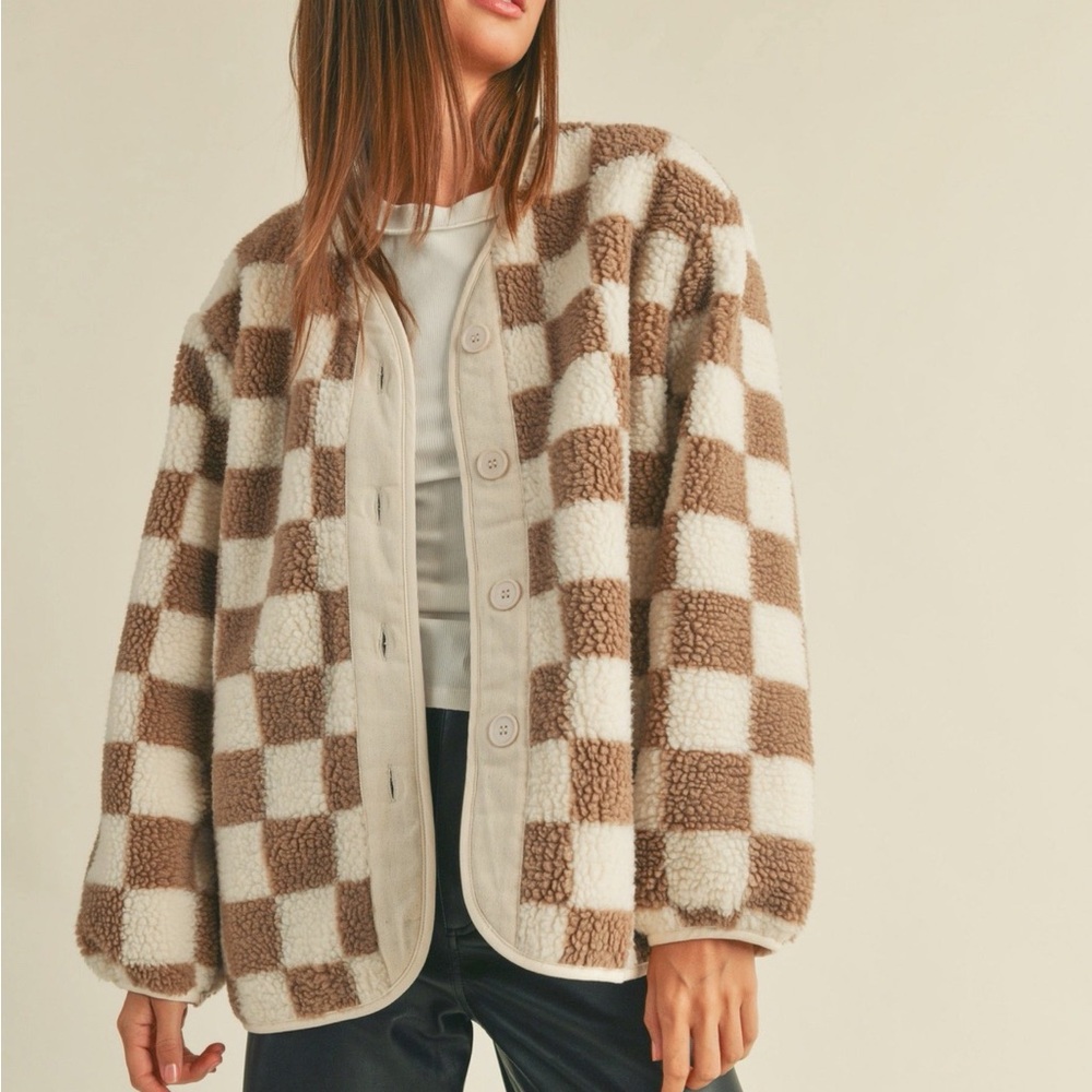 Cozy Checkered Teddy Jacket in Brown and Cream